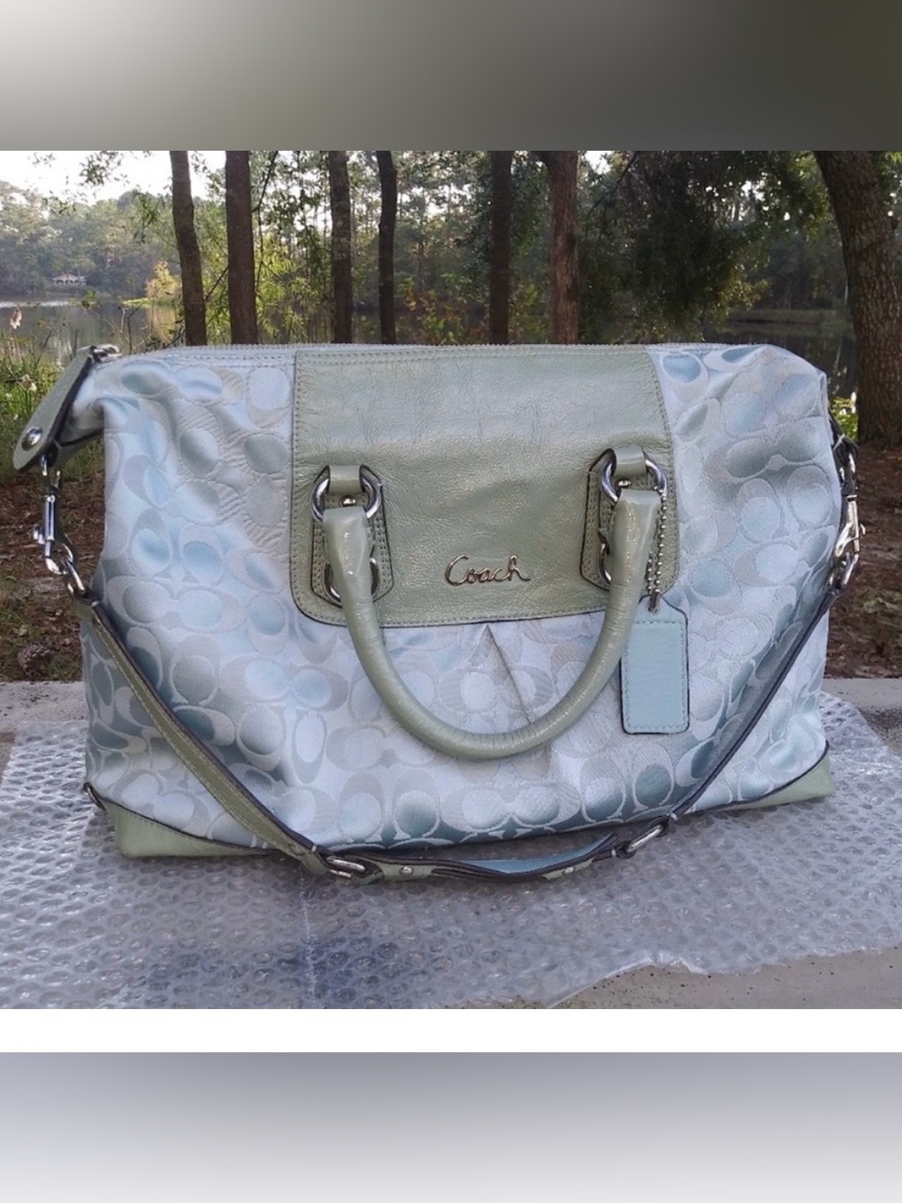 Coach Mint and Light Blue Signature Satchel